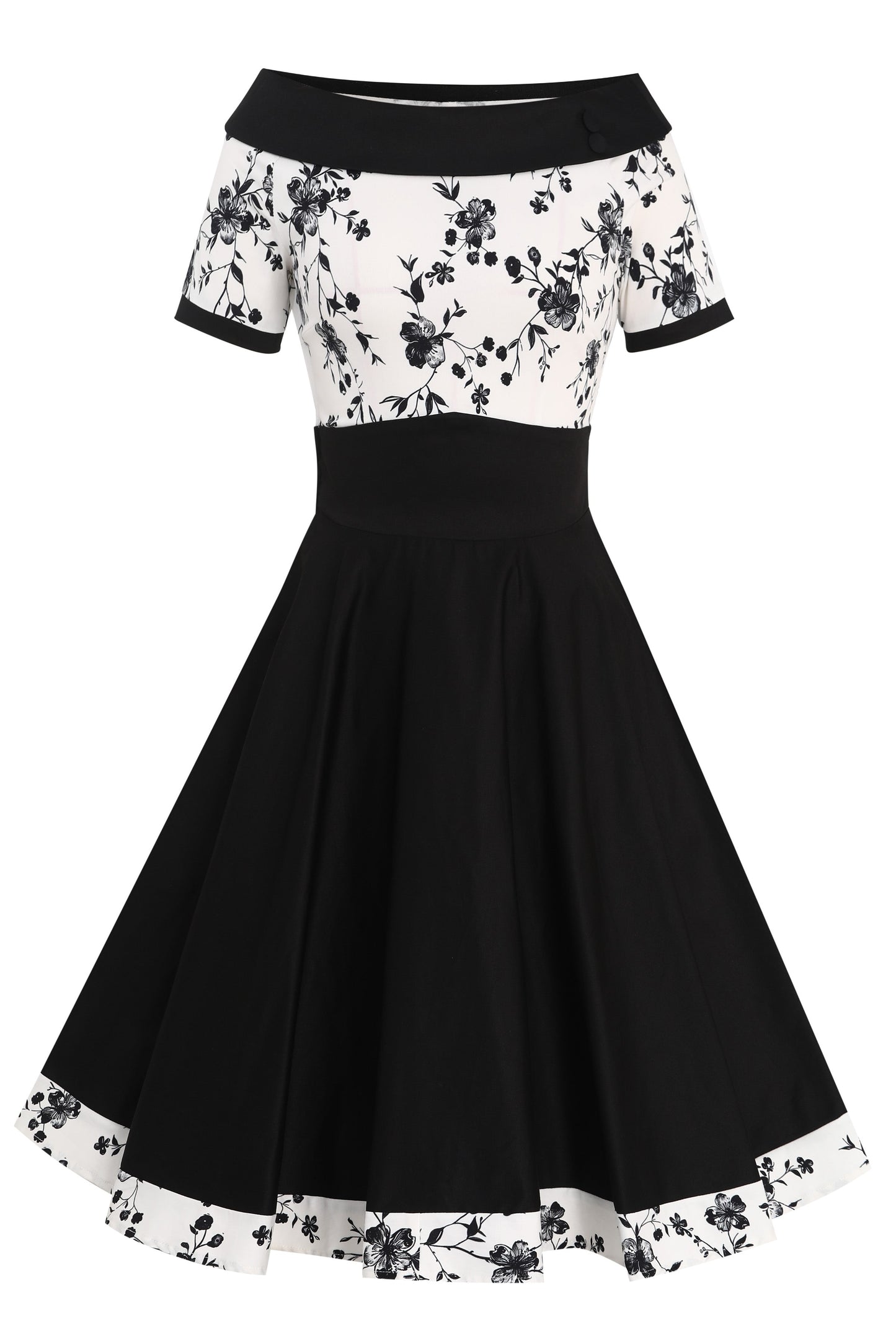 Darlene White & Black Floral Roll Collar Dress