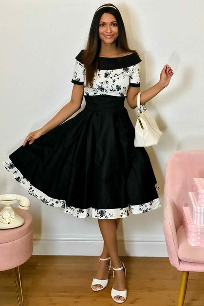 Darlene White & Black Floral Roll Collar Dress