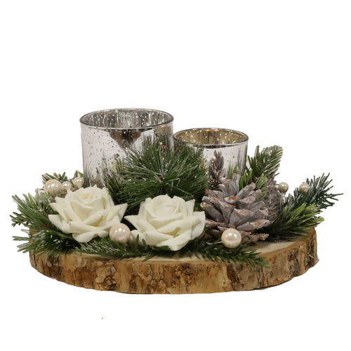 White Floral Christmas Double Tealight Candle Holder 21cm