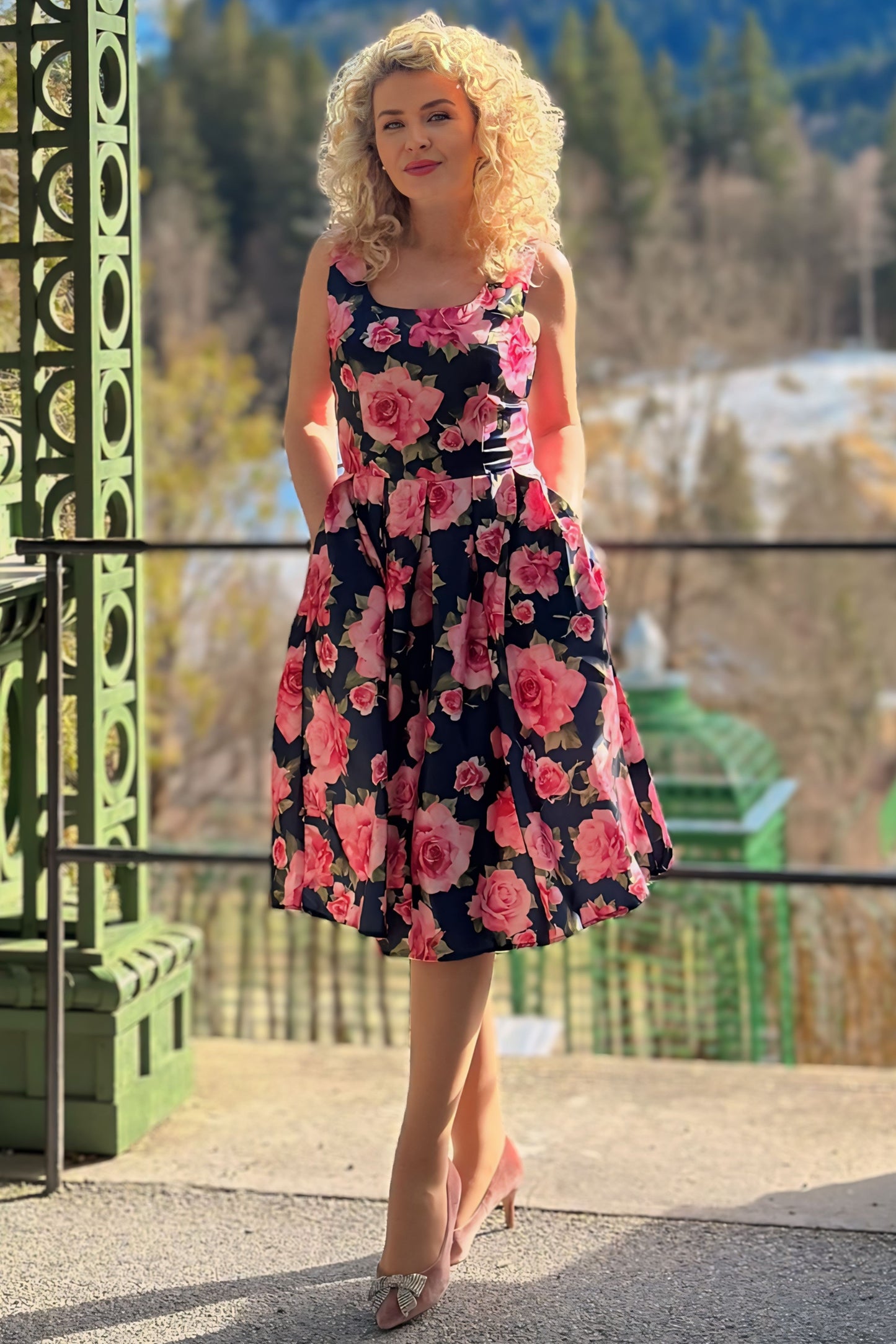 Amanda Blue & Pink Roses Swing Dress