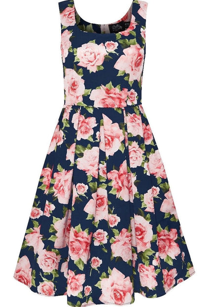 Amanda Blue & Pink Roses Swing Dress