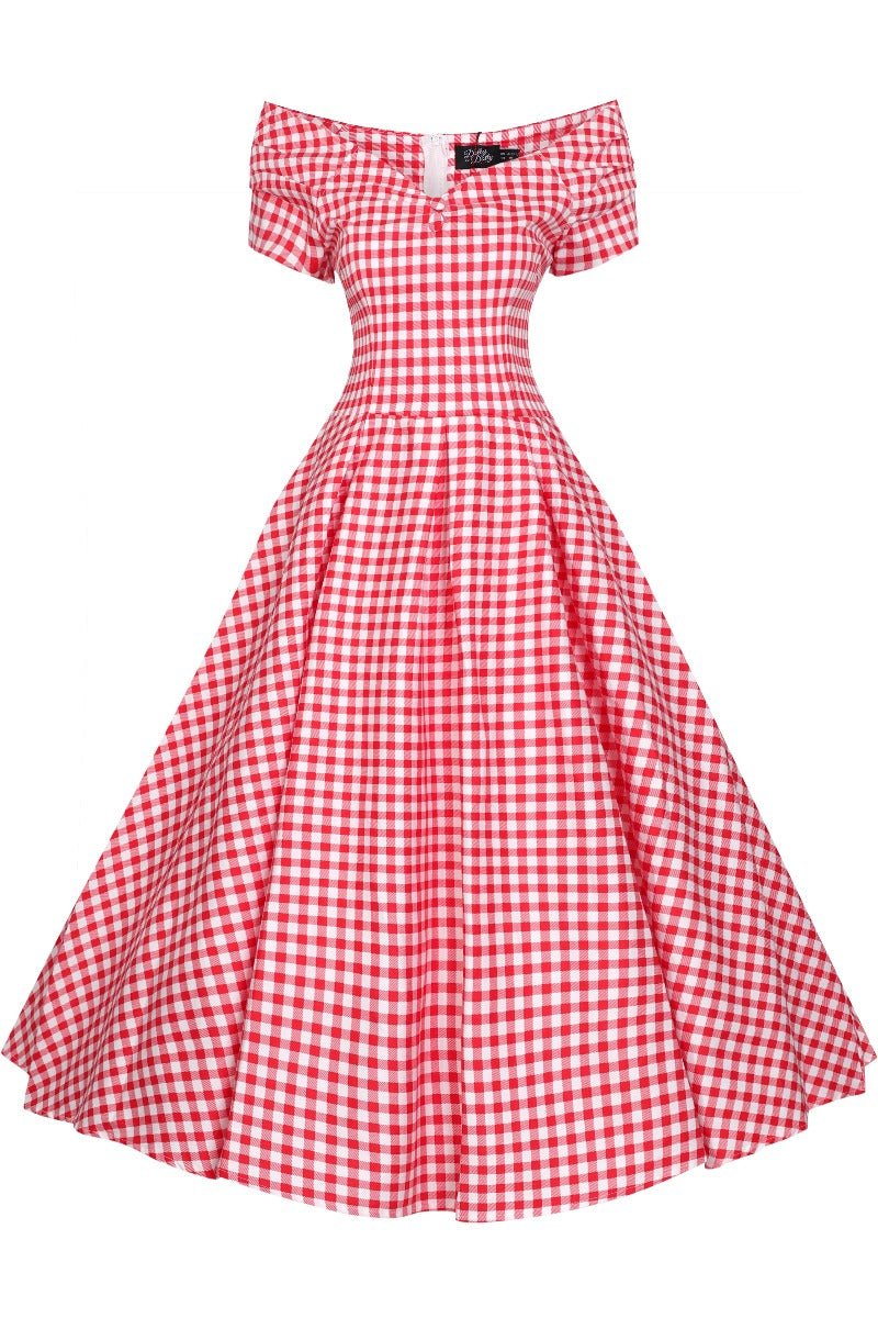 Lily Off Shoulder Red Gingham Swing Dress